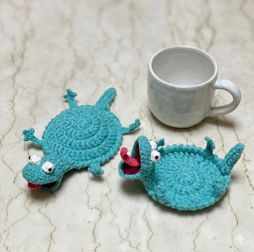 Funny Lizard Coaster – Cute Crochet Desk Buddy | Stress Relief Gift | Quirky Table Decor | Daily Use Coaster | Gift for Bestfriend