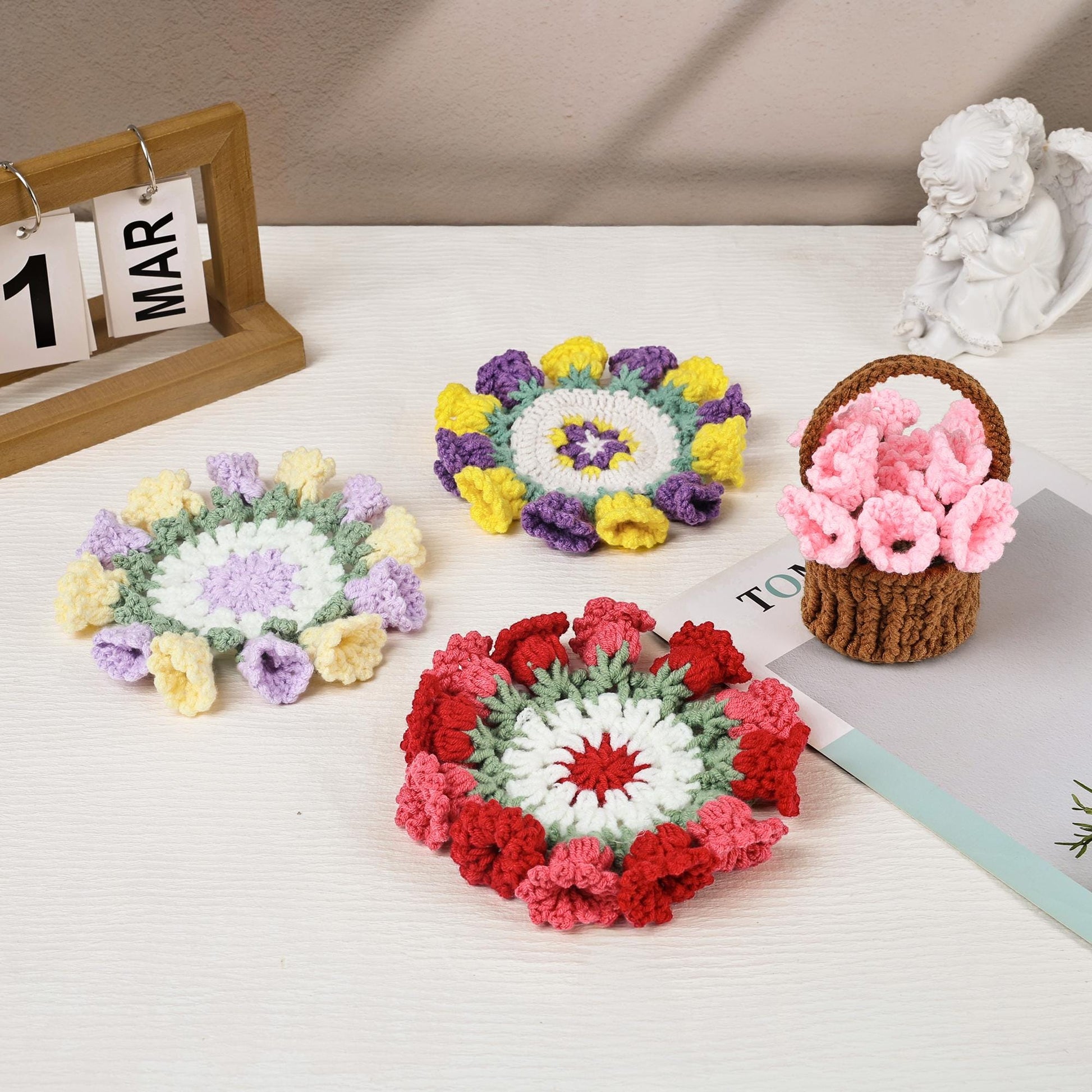 Crochet Flower Coaster, Handmade Floral Coaster Set, Cute Table Decor, Drink Coaster, Gift for Her, Boho Home Decor, Floral Gift for Her