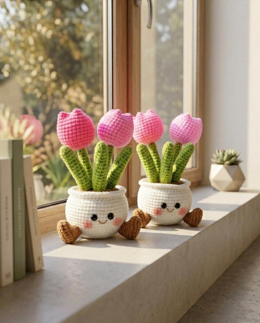 Smiling Tulip Flower Crochet Pot, Handmade Crochet Flower, Cute Desk Decor, Cheer Up & Stress Relief Gift, Handmade Gift, Gift For Her