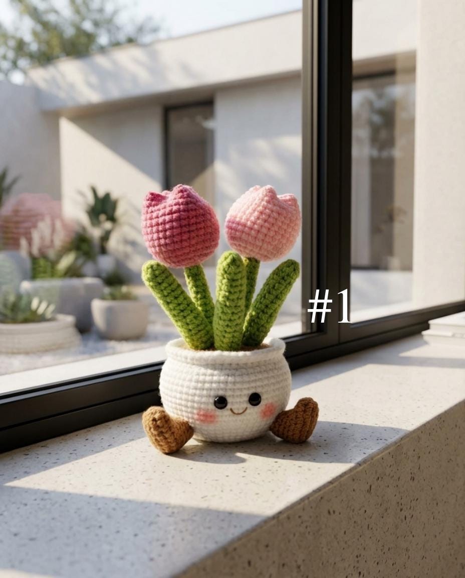 Smiling Tulip Flower Crochet Pot, Handmade Crochet Flower, Cute Desk Decor, Cheer Up & Stress Relief Gift, Handmade Gift, Gift For Her