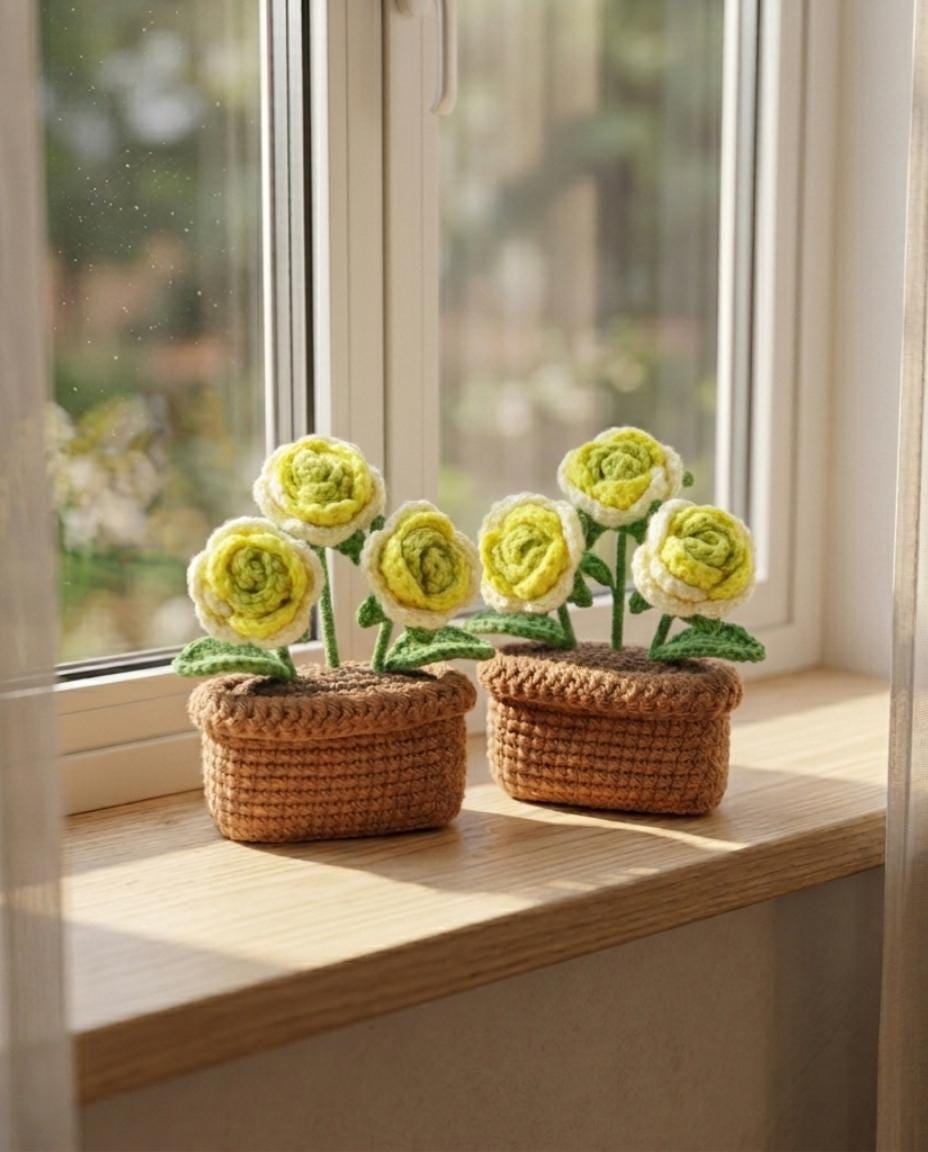 Handmade Crochet Flower Pot | Sunflower Daisy Rose Decor | Cute Desk Decor | Relaxing Gift for Her | Office & Study Table Decor