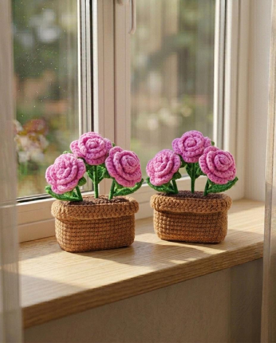 Handmade Crochet Flower Pot | Sunflower Daisy Rose Decor | Cute Desk Decor | Relaxing Gift for Her | Office & Study Table Decor