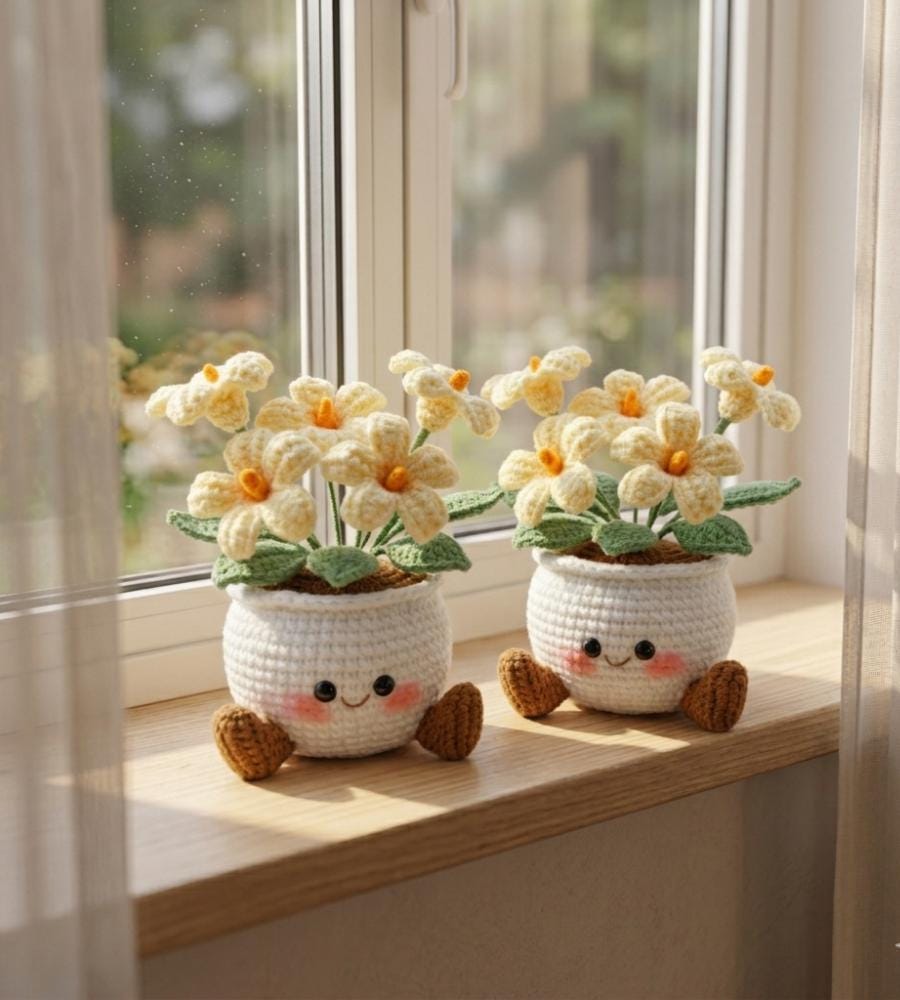 Handmade Crochet Smiling Daisy Flower Pot | Cute Desk - Home Decor | Relaxing Gift for Mom & Girlfriend | Kawaii Flower Gift | Crochet Daisy