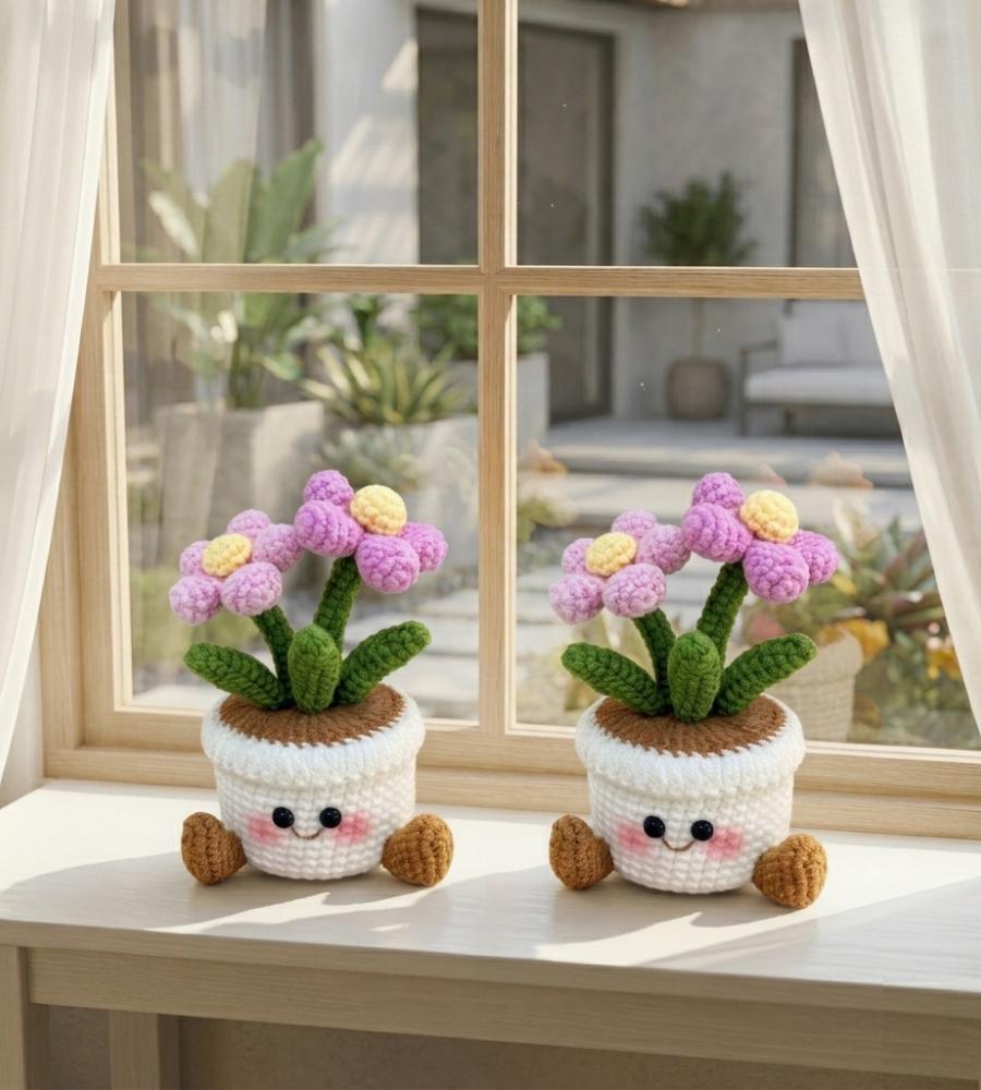 Handmade Crochet Smiling Flower Pot | Cute Desk Decor | Cheer Up Gift for Her | Gift for Girls & Mom | Happy Mood Decor