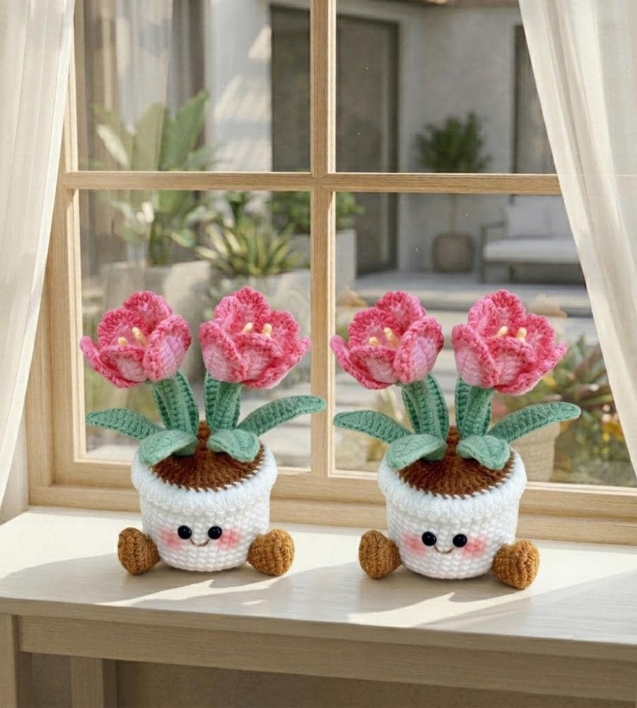 Handmade Crochet Smiling Flower Pot | Cute Desk Decor | Cheer Up Gift for Her | Gift for Girls & Mom | Happy Mood Decor