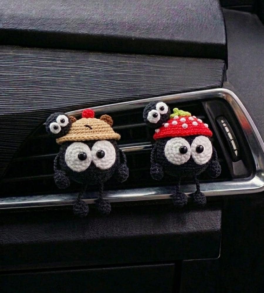 Kawaii Soot Sprite Car Vent Clip, Anime Crochet Car Accessories, Cute Mushroom Hat Air Freshener Decor, New Driver Gift, Amigurumi Car Charm