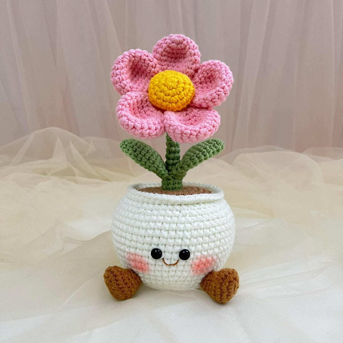 Handmade Crochet Smiling Flower Pot - Desk Decor Gift, Cheer Up & Stress Relief Gift, Sweet Gift for Mom, Mother’s Day Gift