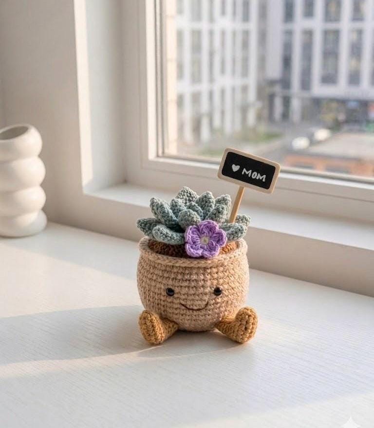 Handmade Gift That Instantly Makes You Smile Succulent Crochet Plant – Handmade Crochet Succulent Pot, Cute Desk Decor, Cheer Up Gift