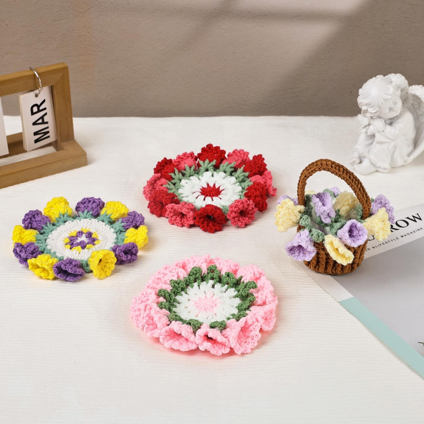 Mother’s Day Crochet Flower Coaster, Handmade Floral Coaster Set, Cute Table Decor, Gift for Mom, Coffee Coaster Gift