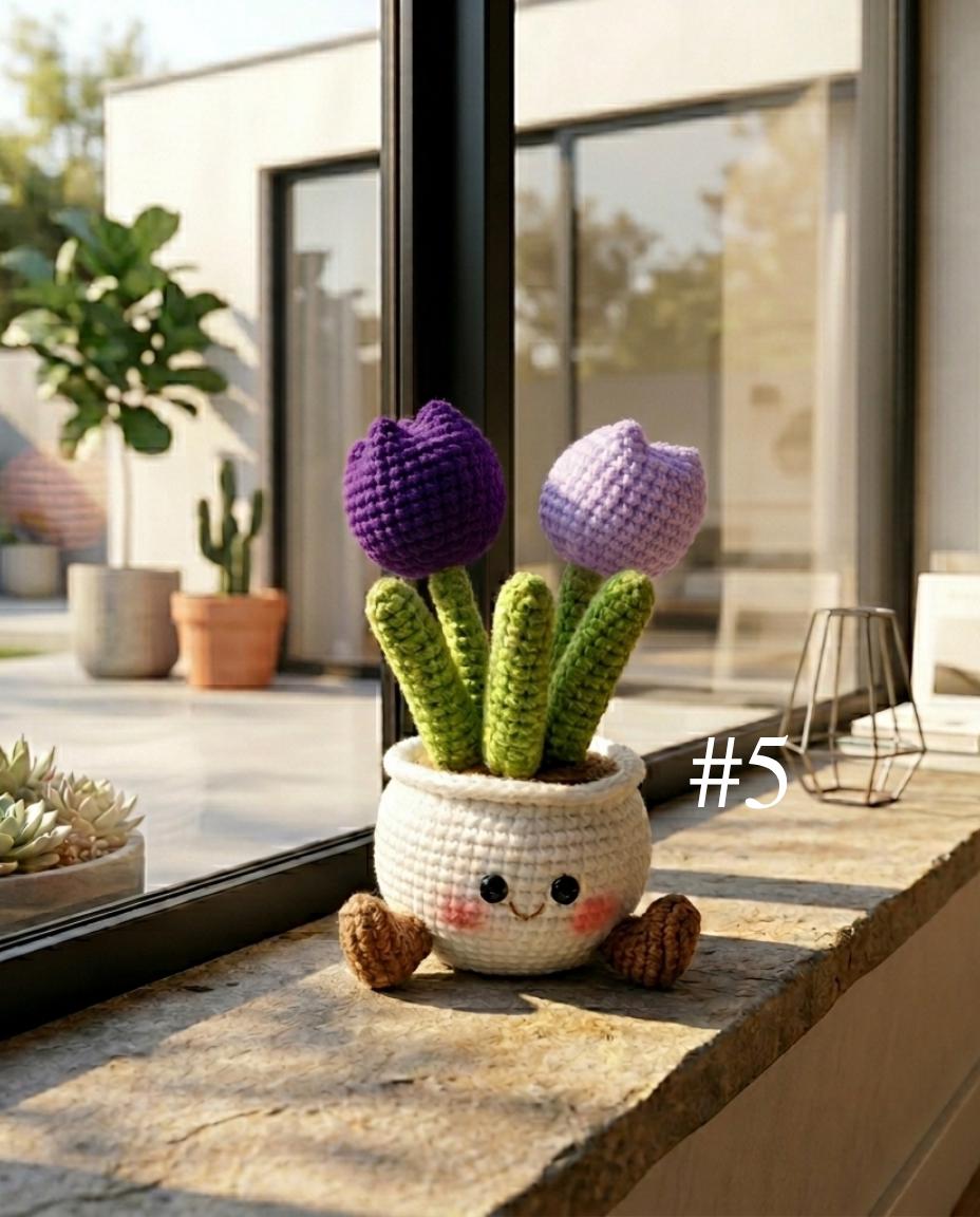 Smiling Tulip Flower Crochet Pot, Handmade Crochet Flower, Cute Desk Decor, Cheer Up & Stress Relief Gift, Handmade Gift, Gift For Her