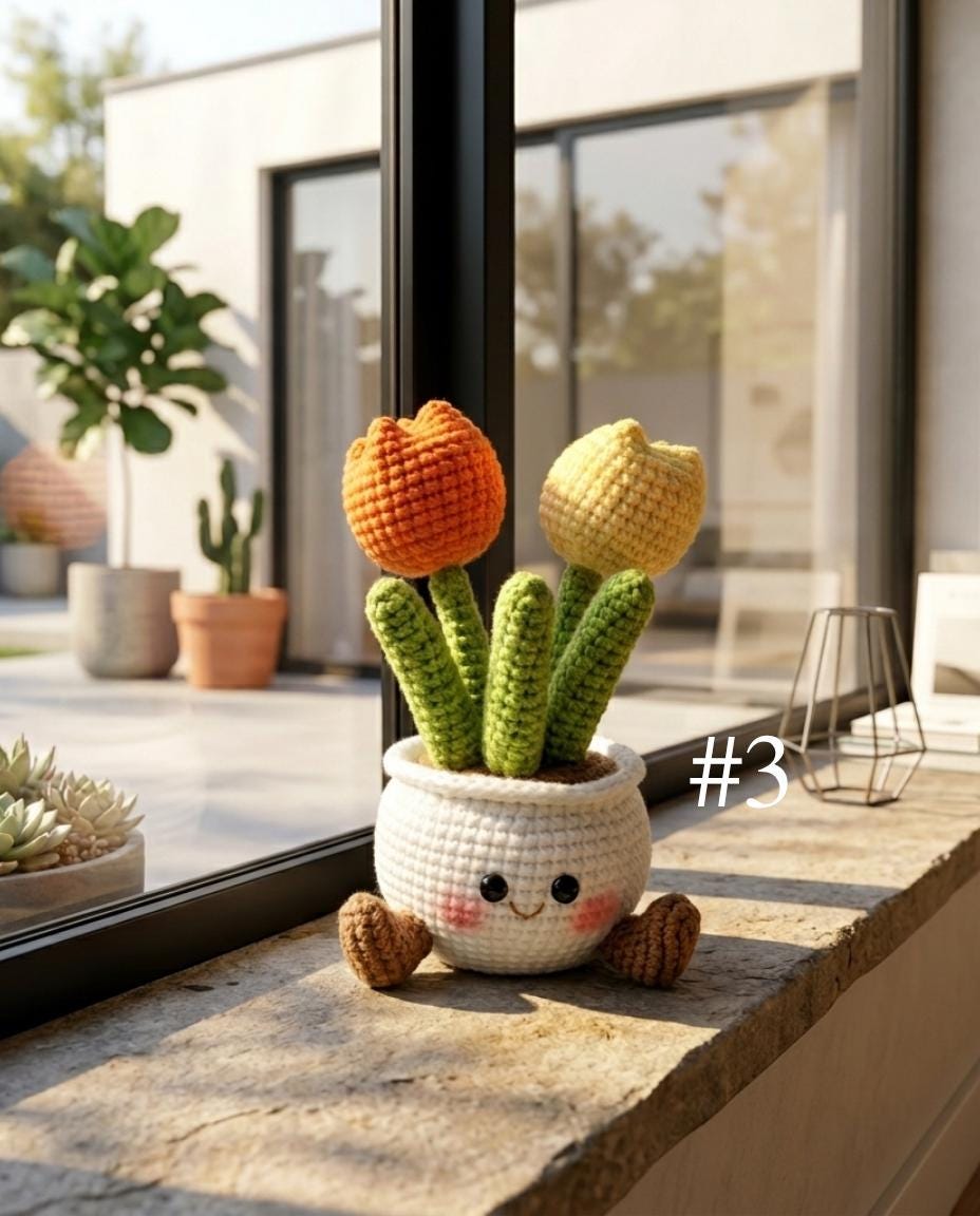 Smiling Tulip Flower Crochet Pot, Handmade Crochet Flower, Cute Desk Decor, Cheer Up & Stress Relief Gift, Handmade Gift, Gift For Her