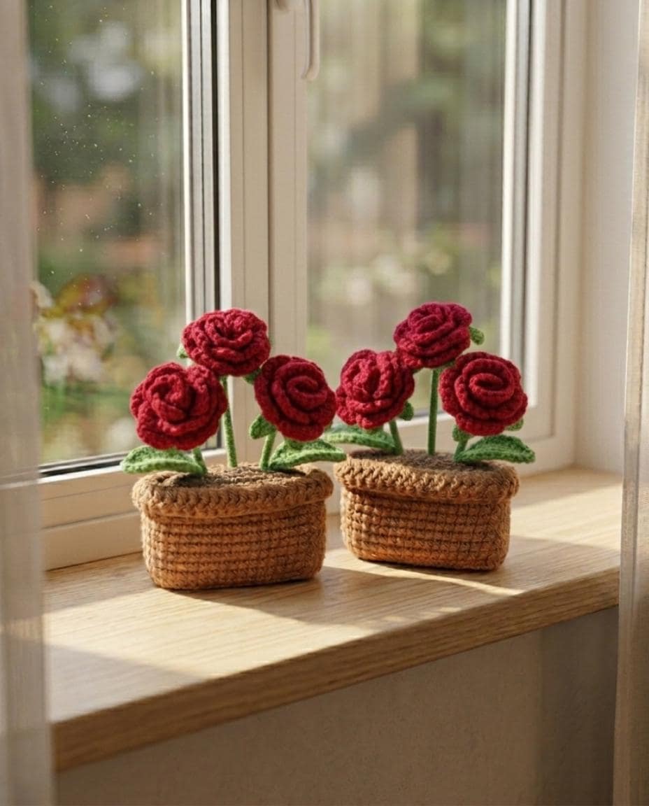 Handmade Crochet Flower Pot | Sunflower Daisy Rose Decor | Cute Desk Decor | Relaxing Gift for Her | Office & Study Table Decor