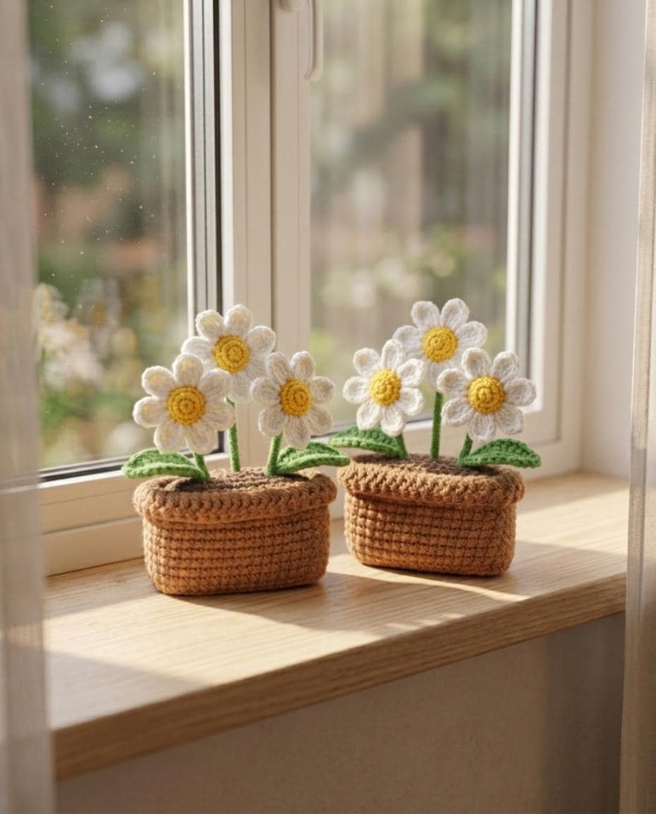 Handmade Crochet Flower Pot | Sunflower Daisy Rose Decor | Cute Desk Decor | Relaxing Gift for Her - Mom | Office & Study Table Decor