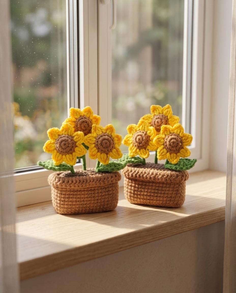 Handmade Crochet Flower Pot | Sunflower Daisy Rose Decor | Cute Desk Decor | Relaxing Gift for Her | Office & Study Table Decor