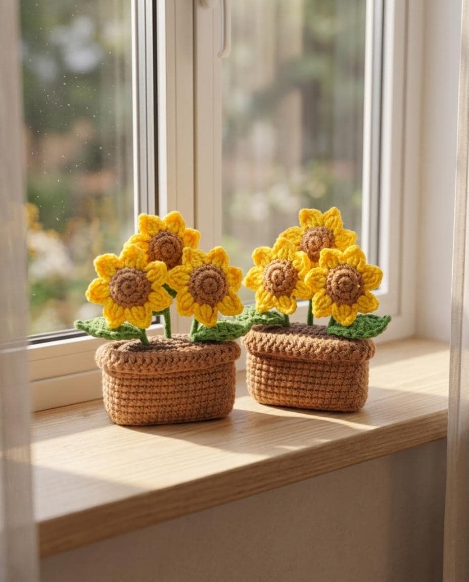 Handmade Crochet Flower Pot | Sunflower Daisy Rose Decor | Cute Desk Decor | Relaxing Gift for Her - Mom | Office & Study Table Decor