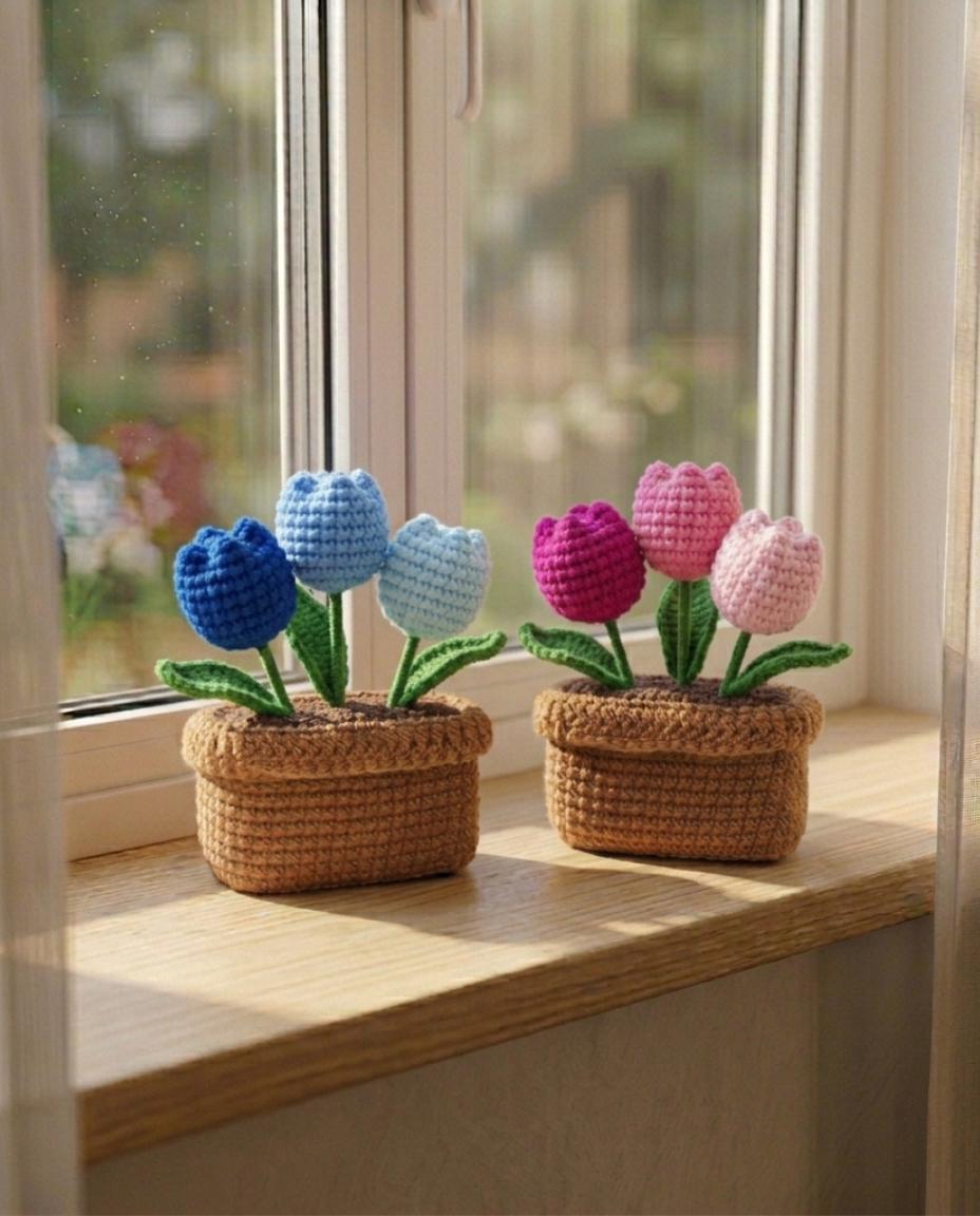 Handmade Crochet Flower Pot | Sunflower Daisy Rose Decor | Cute Desk Decor | Relaxing Gift for Her | Office & Study Table Decor