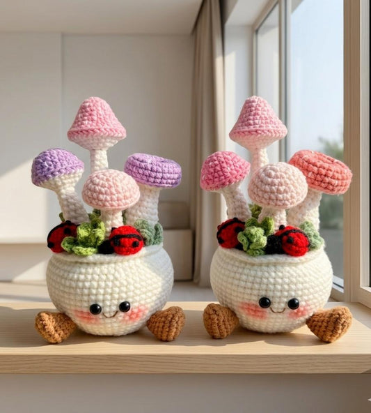 Handmade Crochet Smiling Mushroom Pot | Colorful Cute Decor | Kawaii Desk Decor | Happy Mood Gift for Her | Fun Room Decor