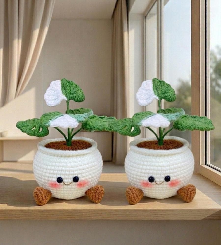 Handmade Crochet Smiling Mostera Leaf Pot | Crochet Succulent Pot Gift | Desk Decor | Gift for Mom | Cute Office Decor | Small Plant Gift