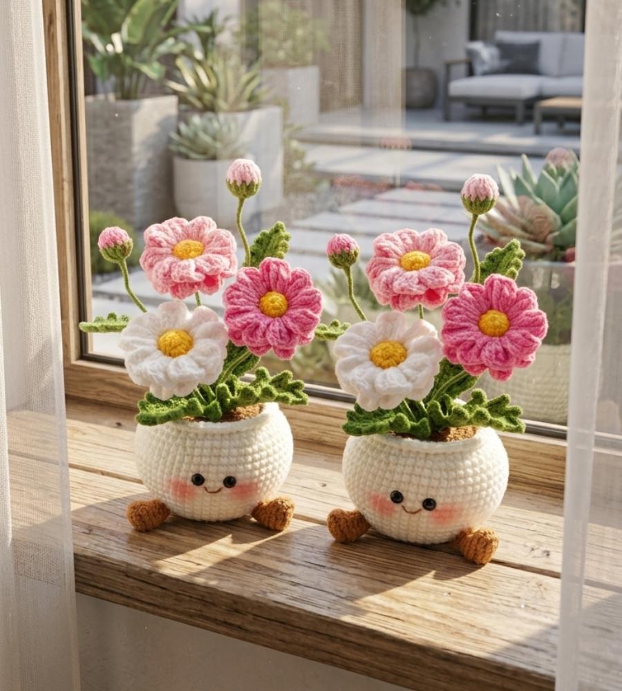 Handmade Crochet Daisy Pot | Smiling Flower Decor | Cute Desk Decor | Gift for Mom | Office Desk Decoration | Happy Mood Gift