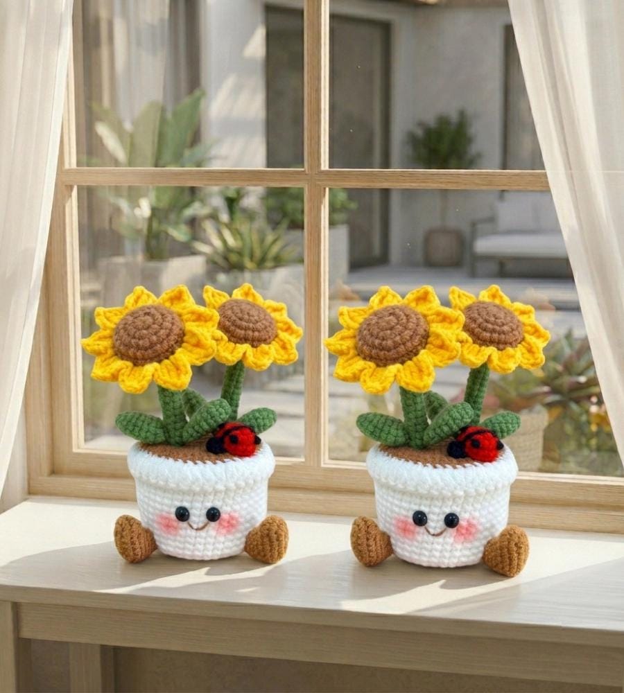 Handmade Crochet Smiling Flower Pot | Cute Desk Decor | Cheer Up Gift for Her | Gift for Girls & Mom | Happy Mood Decor