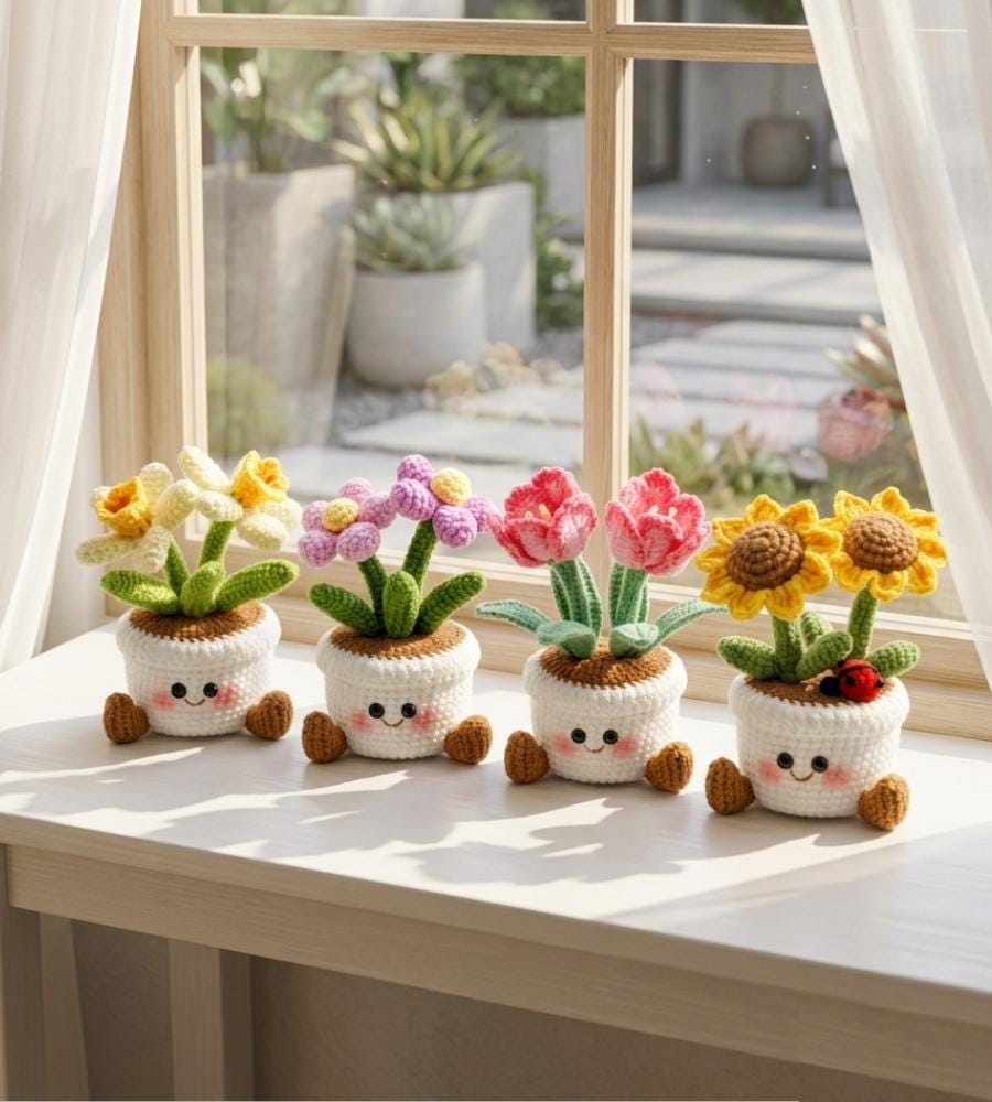 Handmade Crochet Smiling Flower Pot | Cute Desk Decor | Cheer Up Gift for Her | Gift for Girls & Mom | Happy Mood Decor