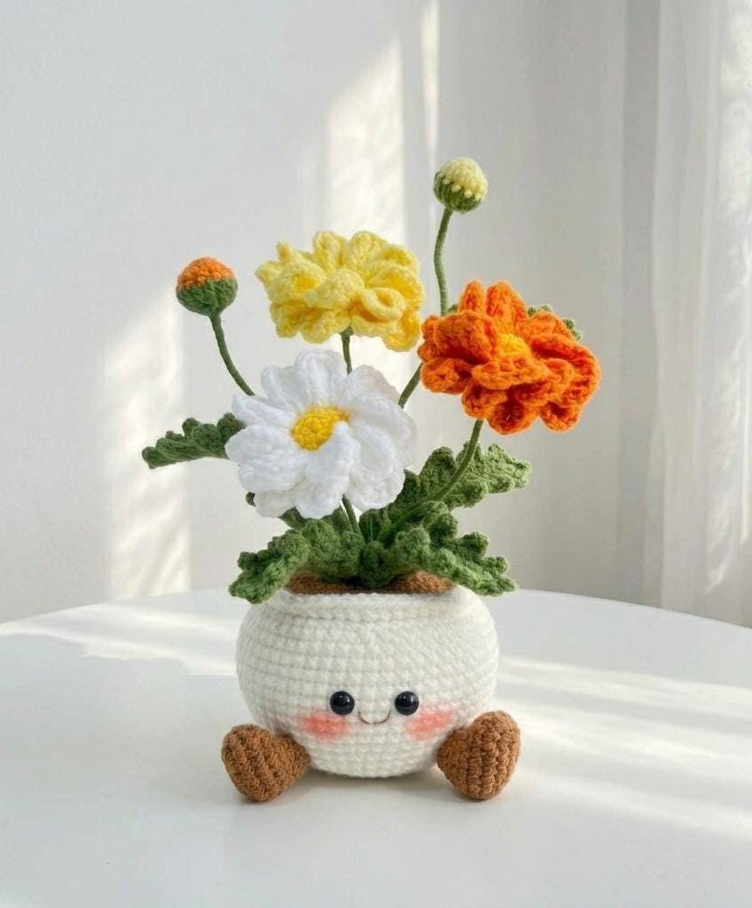 Handmade Crochet Daisy Pot | Smiling Flower Decor | Cute Desk Decor | Gift for Mom | Office Desk Decoration | Happy Mood Gift