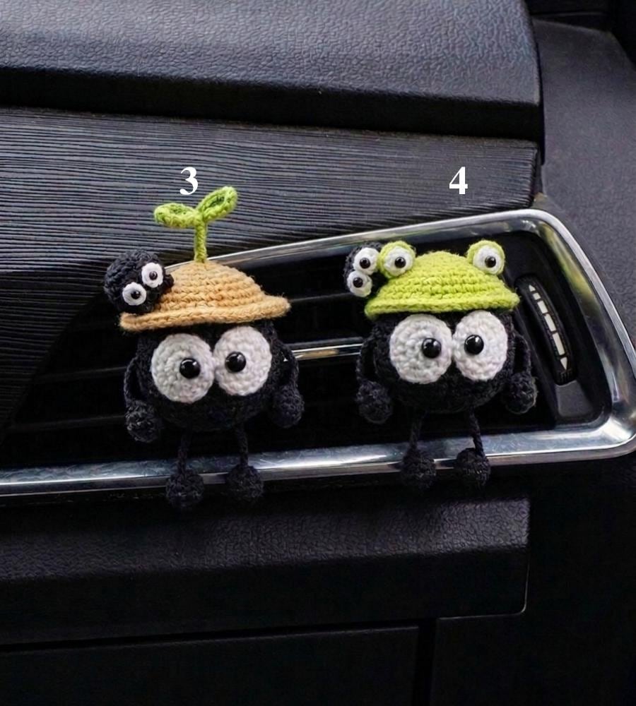 Kawaii Soot Sprite Car Vent Clip, Anime Crochet Car Accessories, Cute Mushroom Hat Air Freshener Decor, New Driver Gift, Amigurumi Car Charm