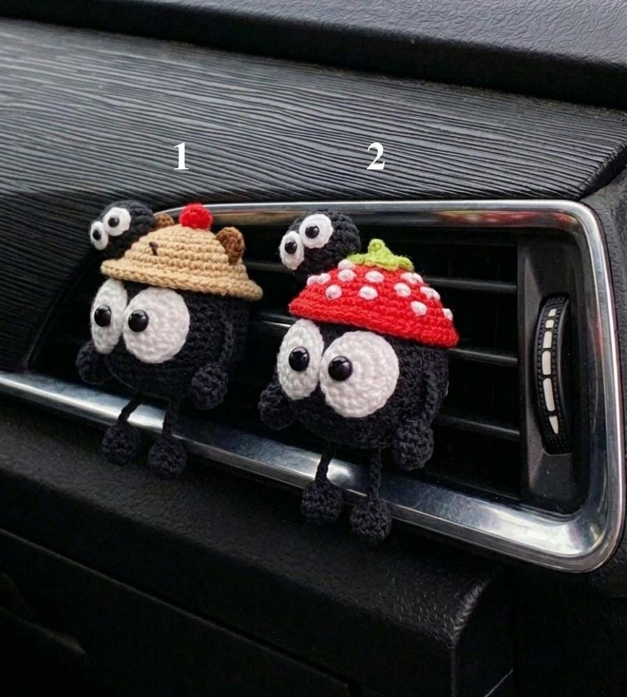 Kawaii Soot Sprite Car Vent Clip, Anime Crochet Car Accessories, Cute Mushroom Hat Air Freshener Decor, New Driver Gift, Amigurumi Car Charm