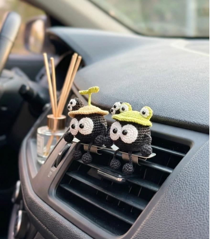Kawaii Soot Sprite Car Vent Clip, Anime Crochet Car Accessories, Cute Mushroom Hat Air Freshener Decor, New Driver Gift, Amigurumi Car Charm