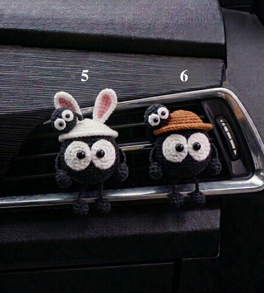 Kawaii Soot Sprite Car Vent Clip, Anime Crochet Car Accessories, Cute Mushroom Hat Air Freshener Decor, New Driver Gift, Amigurumi Car Charm