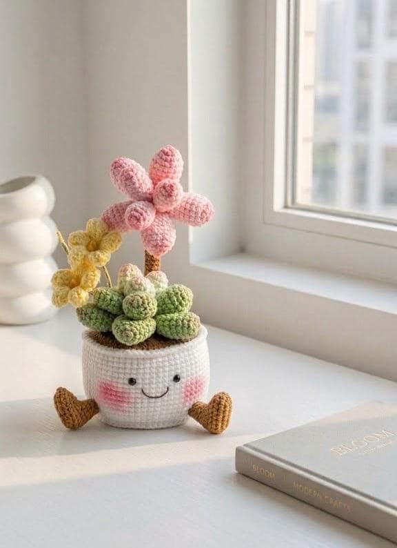 Handmade Gift That Instantly Makes You Smile Succulent Crochet Plant – Handmade Crochet Succulent Pot, Cute Desk Decor, Cheer Up Gift