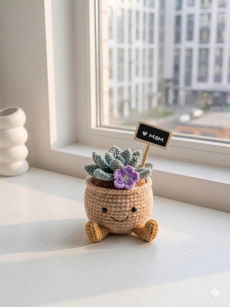 Handmade Crochet Smiling Mostera Leaf Pot | Crochet Succulent Pot Gift | Desk Decor | Gift for Mom | Cute Office Decor | Small Plant Gift
