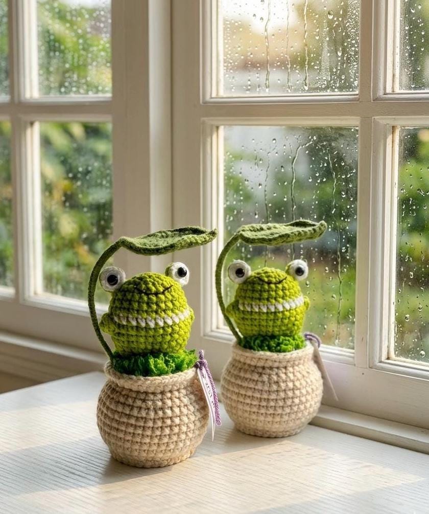 Smiling Frog Crochet Pot, Handmade Positive Gift, Cute Desk Decor, Cheer Up Gift, Birthday Gift for Loved Ones, Gift For Friends