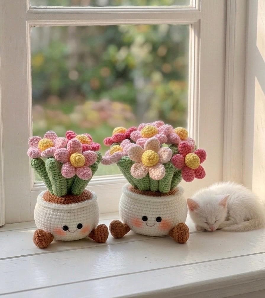 Handmade Crochet Smiling Daisy Flower Pot | Cute Desk - Home Decor - Offic Decor | Relaxing Gift for Mom & Girlfriend | Kawaii Flower Gift