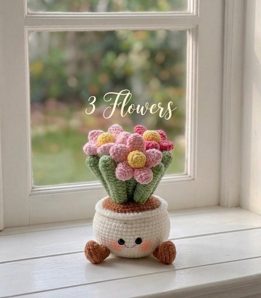 Handmade Crochet Smiling Daisy Flower Pot | Cute Desk - Home Decor - Offic Decor | Relaxing Gift for Mom & Girlfriend | Kawaii Flower Gift
