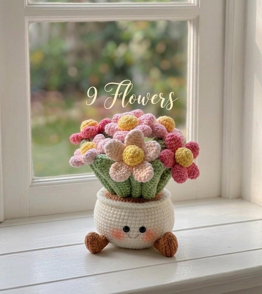 Handmade Crochet Smiling Daisy Flower Pot | Cute Desk - Home Decor - Offic Decor | Relaxing Gift for Mom & Girlfriend | Kawaii Flower Gift