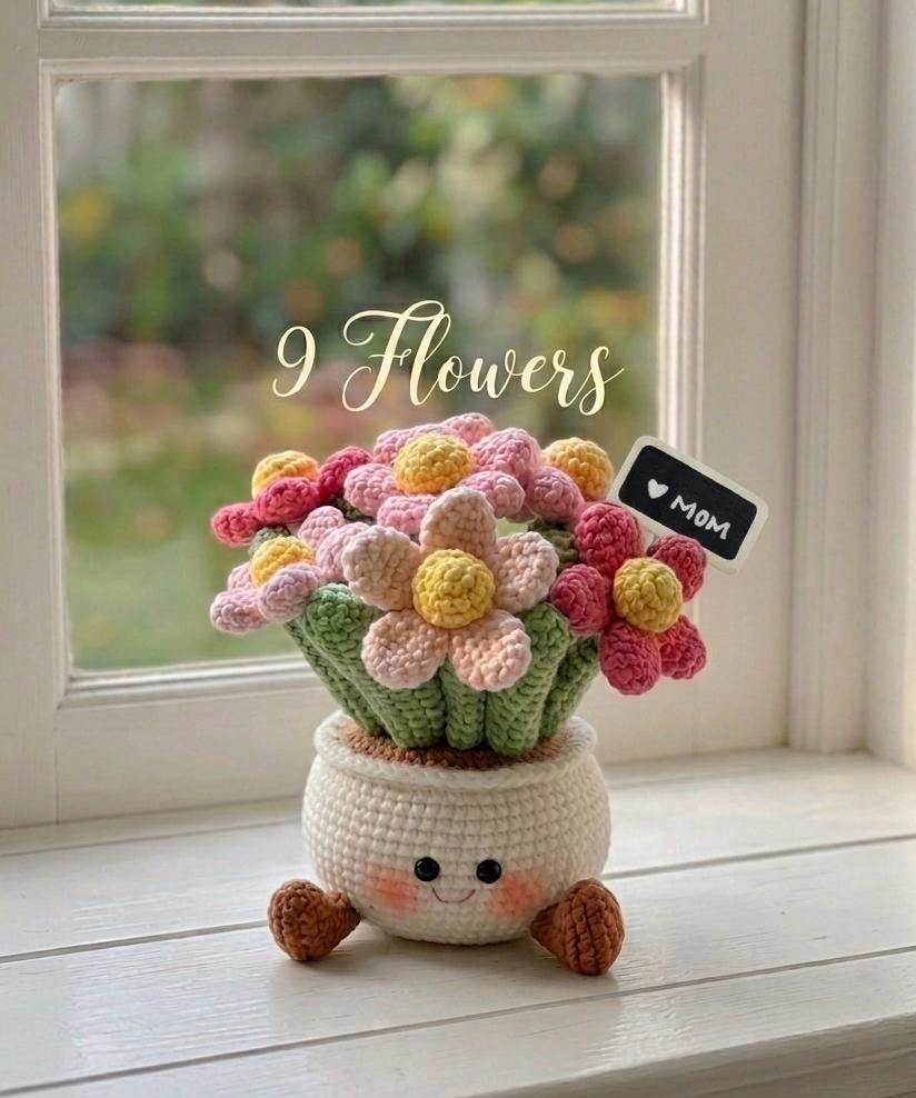 Handmade Crochet Smiling Daisy Flower Pot | Cute Desk - Home Decor - Offic Decor | Relaxing Gift for Mom & Girlfriend | Kawaii Flower Gift