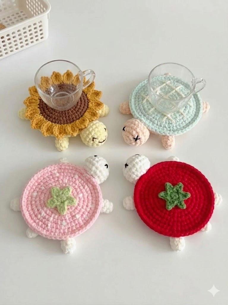 Crochet Turtle Coaster | Handmade Cute Drink Coaster | Flower Fruit Cake Coaster | Kawaii Table Decor | Cute Gift for Her | Cozy Home Decor