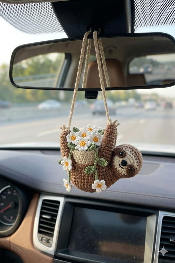 Cute Sloth Holding Plant Crochet, Car Mirror Hanging Decor, Handmade Amigurumi Animal Charm, Kawaii Car Accessory, Gift for Friends