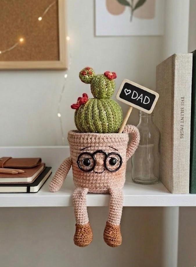 Hardworking Crochet Cactus Pot, Cute Desk Decor, Back to School Gift, Motivational Gift, Fathers Day Gift, Handmade Office Desk Plant