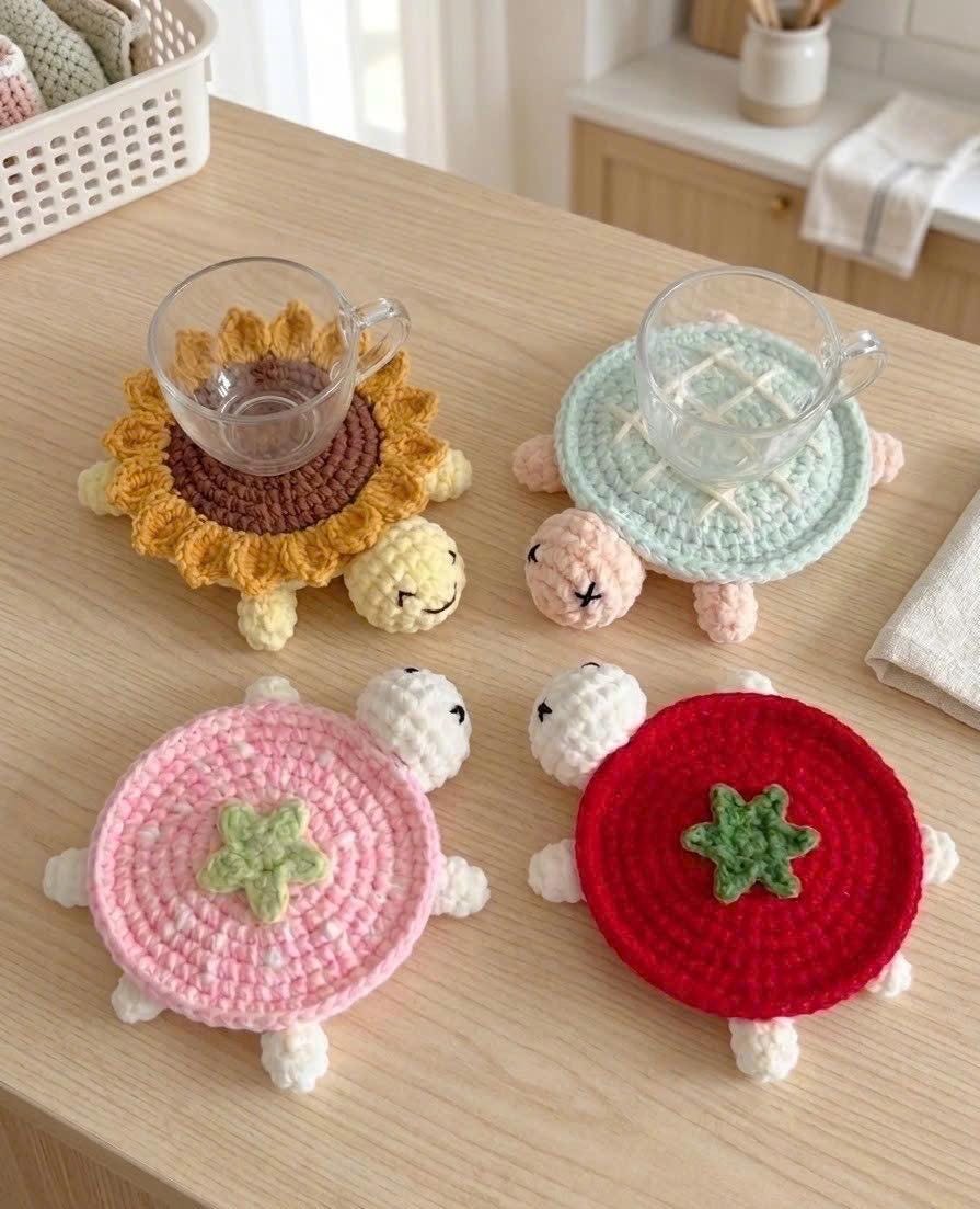 Crochet Turtle Coaster | Handmade Cute Drink Coaster | Flower Fruit Cake Coaster | Kawaii Table Decor | Cute Gift for Her | Cozy Home Decor