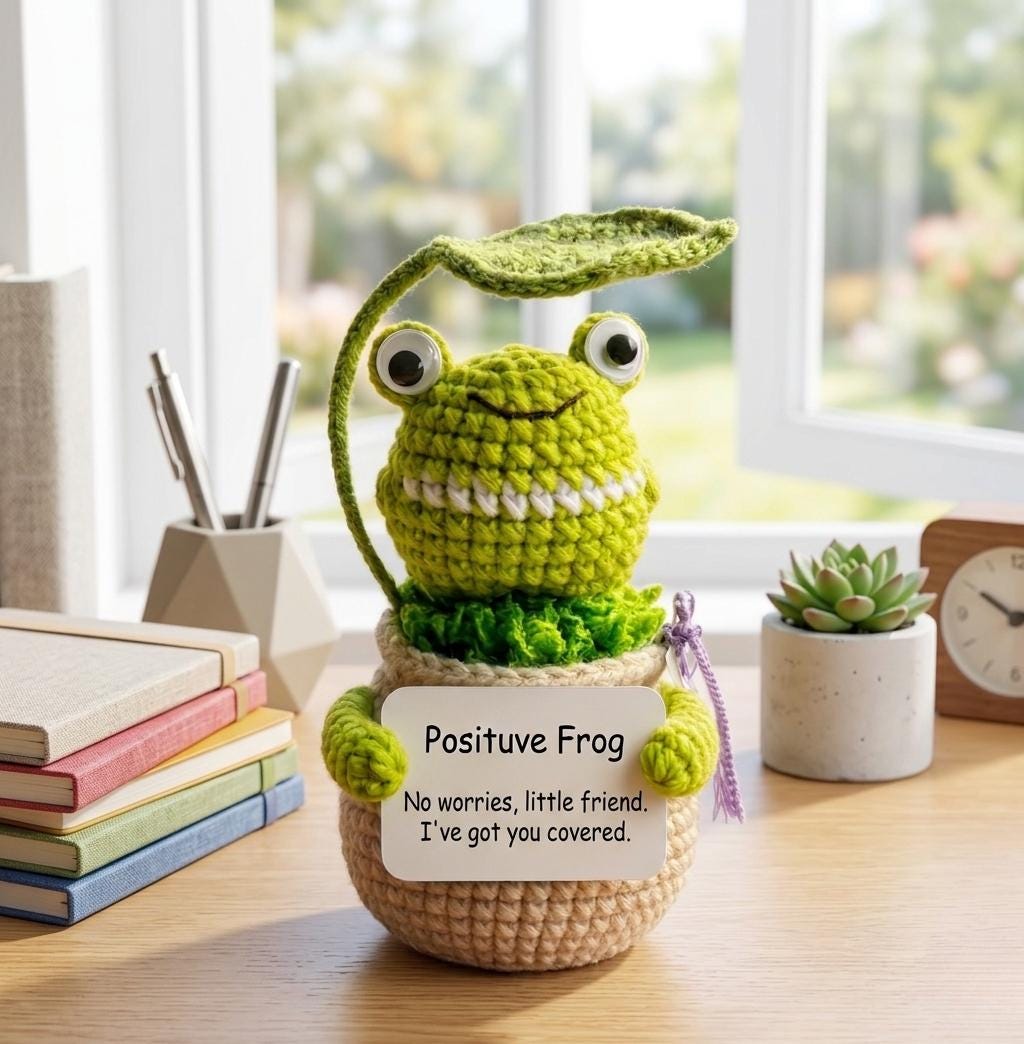 Smiling Frog Crochet Pot, Handmade Positive Gift, Cute Desk Decor, Cheer Up Gift, Birthday Gift for Loved Ones, Gift For Friends