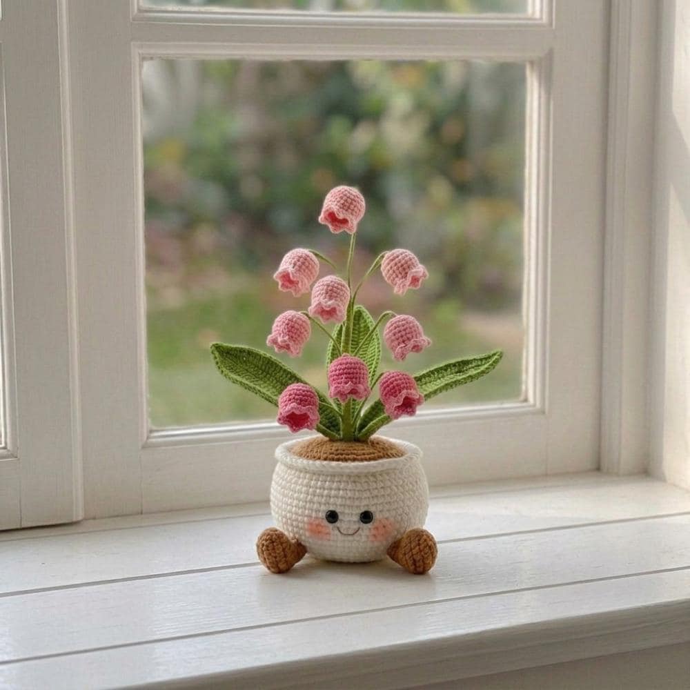 Handmade Crochet Smiling Bell Flower Pot, Cute Desk - Home Decor, Relaxing Gift for Mom & Girlfriend, Kawaii Flower Gift