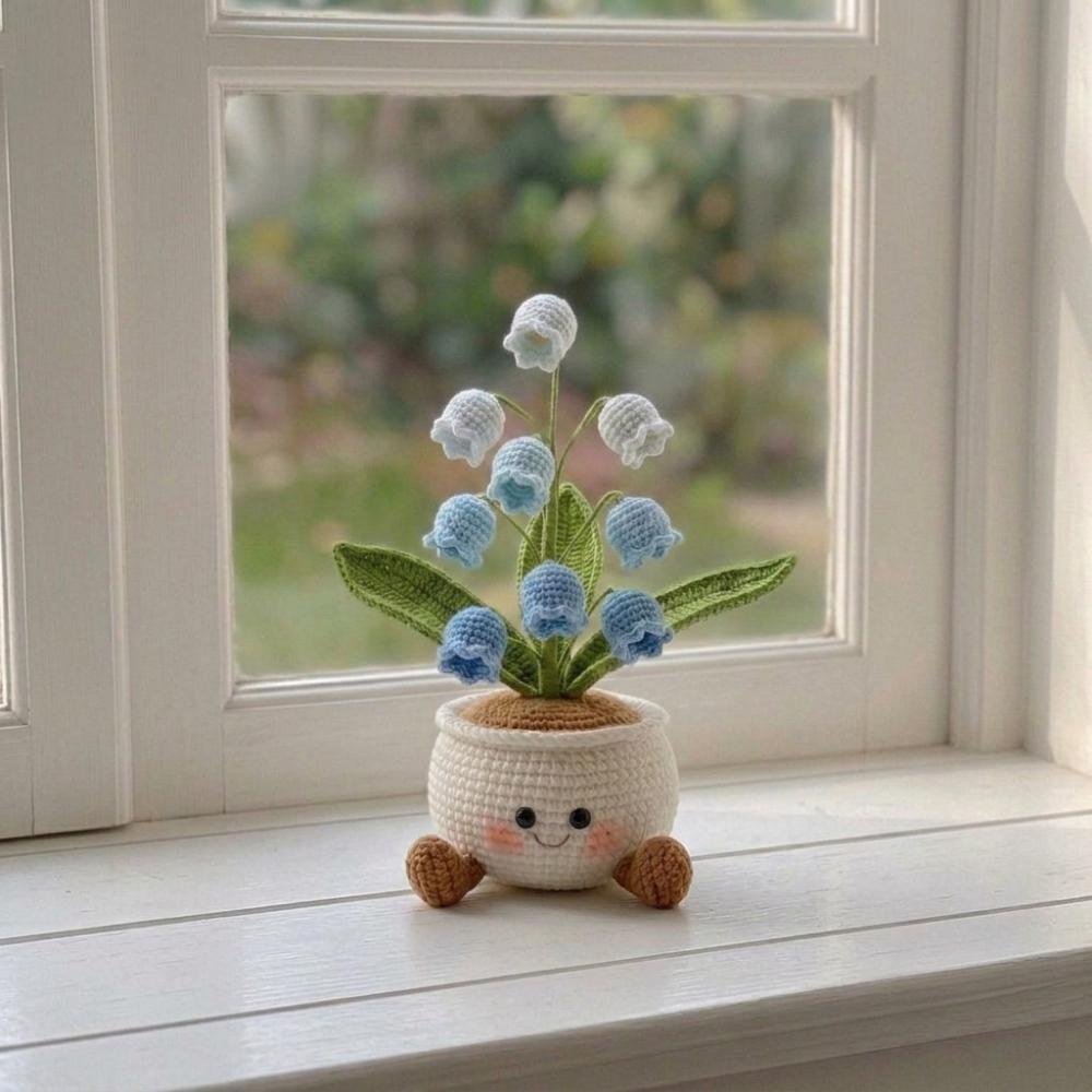 Handmade Crochet Smiling Bell Flower Pot, Cute Desk - Home Decor, Relaxing Gift for Mom & Girlfriend, Kawaii Flower Gift