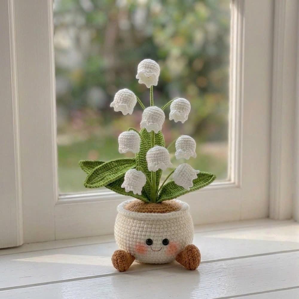Handmade Crochet Smiling Bell Flower Pot, Cute Desk - Home Decor, Relaxing Gift for Mom & Girlfriend, Kawaii Flower Gift