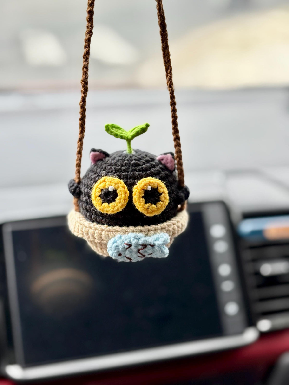Black Cat Car Hanging, Crochet Cat Mirror Charm, Cute Healing Car Decor, Summer Car Accessory, Gift for Cat Lover, Rearview Mirror Charm