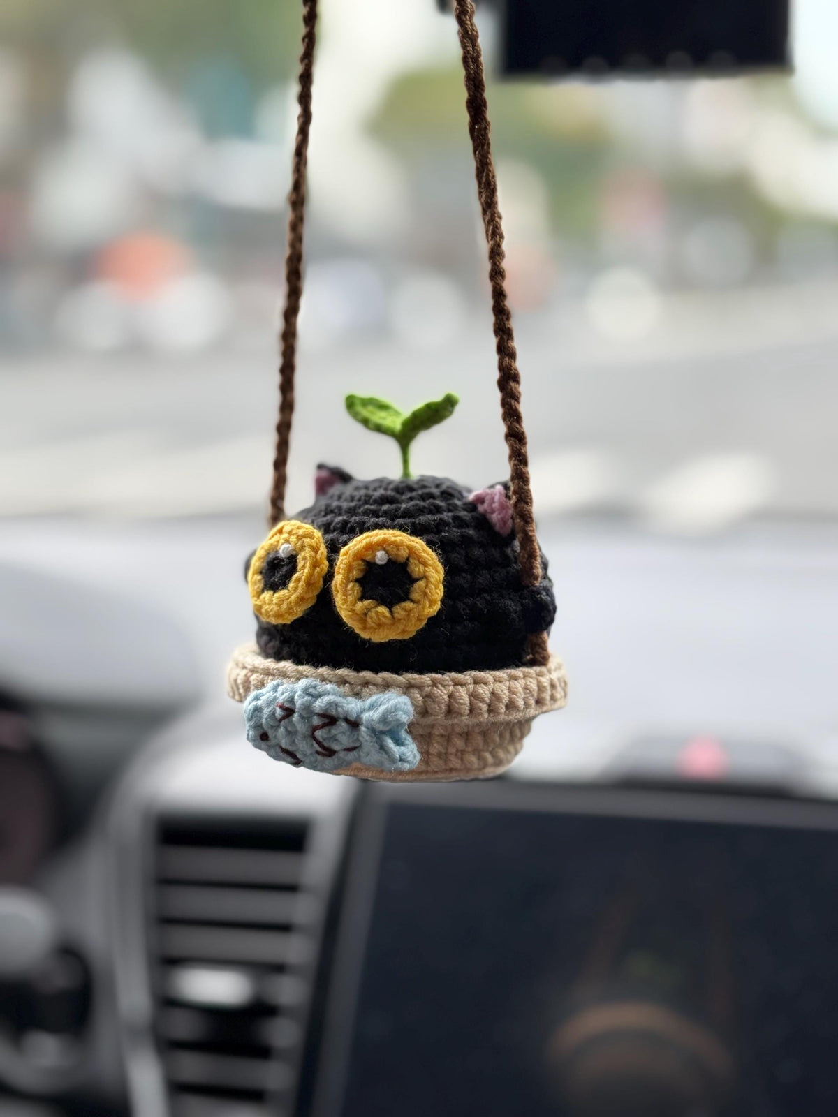 Black Cat Car Hanging, Crochet Cat Mirror Charm, Cute Healing Car Decor, Summer Car Accessory, Gift for Cat Lover, Rearview Mirror Charm