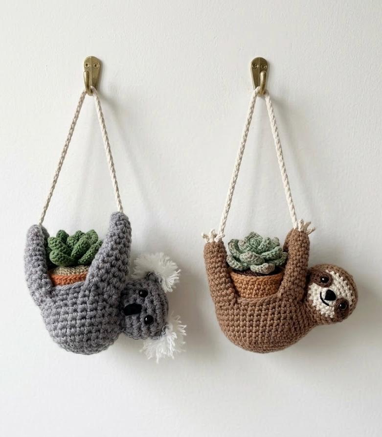 Cute Sloth Holding Plant Crochet, Car Mirror Hanging Decor, Handmade Amigurumi Animal Charm, Kawaii Car Accessory, Gift for Friends