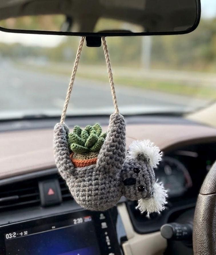 Cute Sloth Holding Plant Crochet, Car Mirror Hanging Decor, Handmade Amigurumi Animal Charm, Kawaii Car Accessory, Gift for Friends