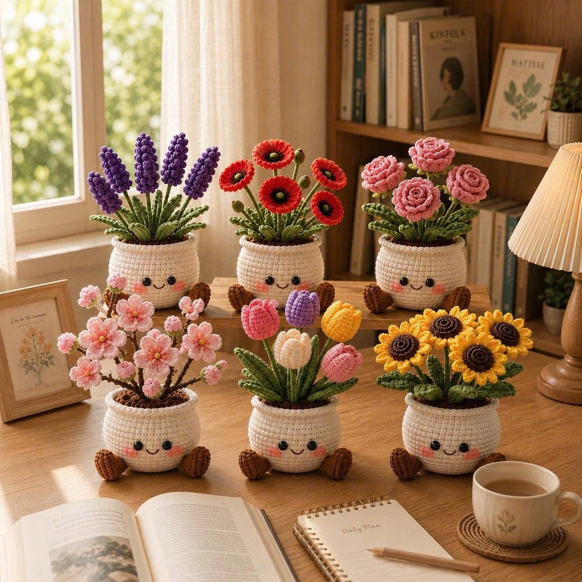 Crochet Flower Pot, Kawaii Desk Accessory, Amigurumi Potted Plant, Everlasting Sunflower, Cute Office Decor, Tulip Plush, Coworker Gift